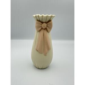 Vintage Satin Bisque Ceramic Vase Pink Bow Ribbon avon